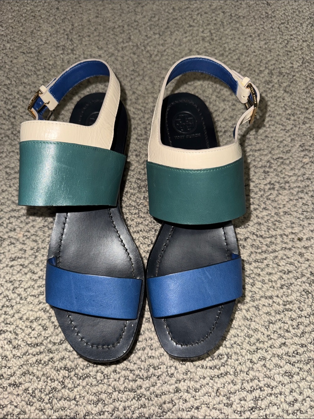 Tory Burch Multicolor Leather Block Strap Sandals - Blue, Teal & Cream